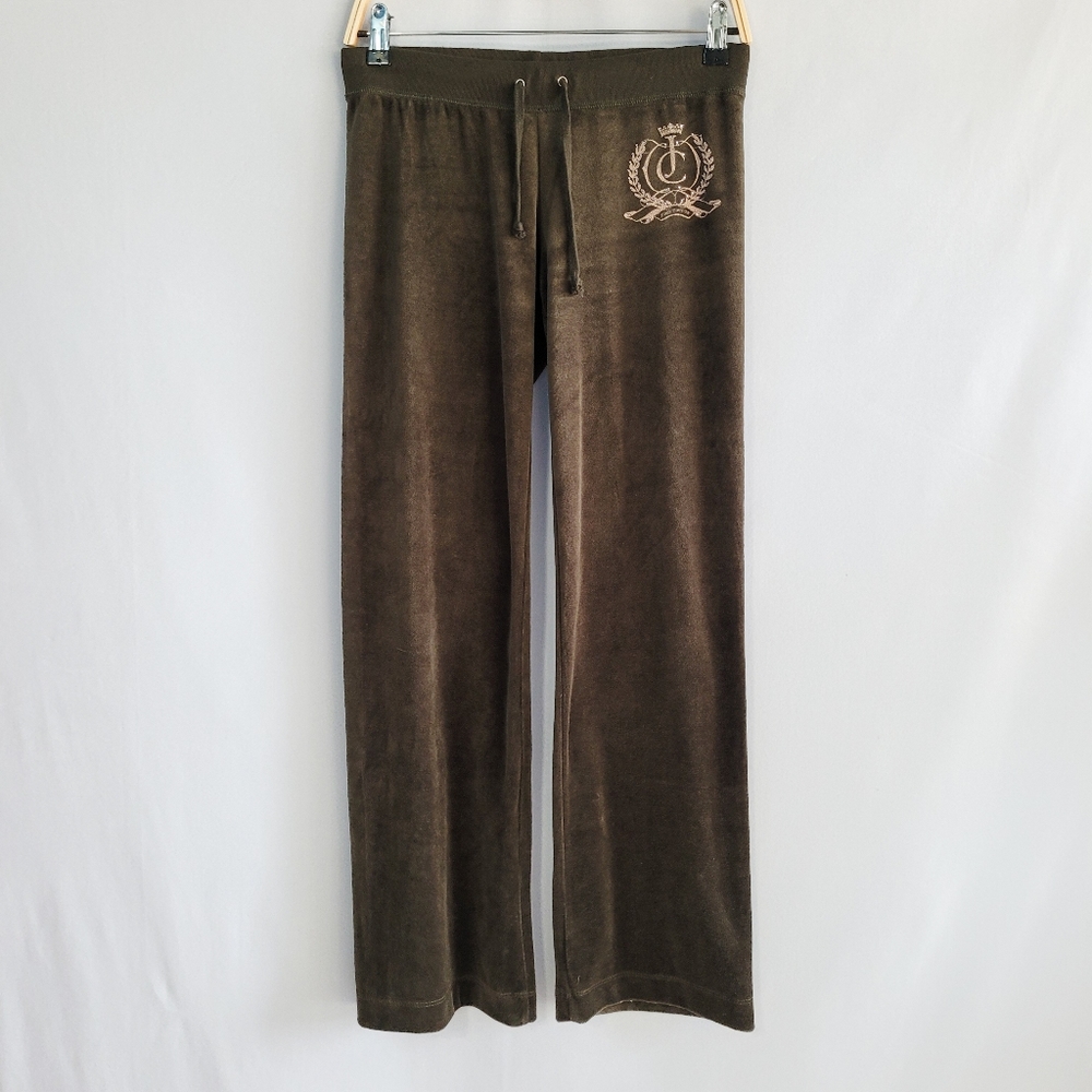 Juicy Couture Y2K Dark Military Green Velour Logo Embellished Trackpants Small